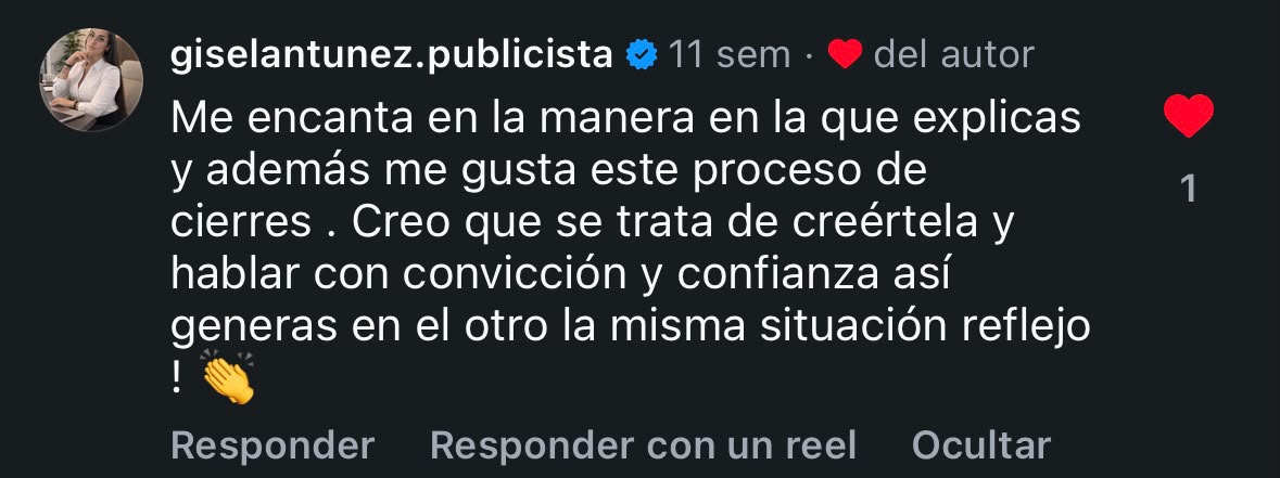 Comentario de una alumna en Instagram