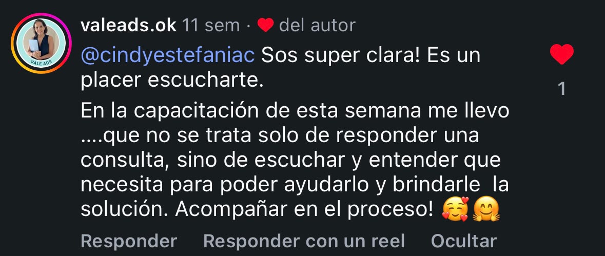 Comentario de una alumna en Instagram